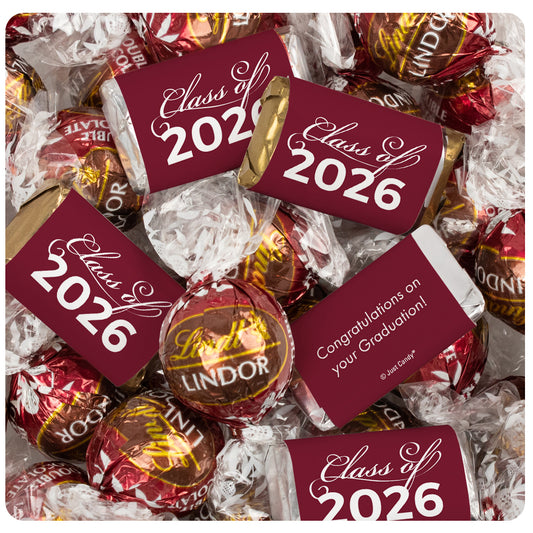 Maroon Graduation Chocolate Mix - Hershey's Miniatures and Lindor Truffles - 61 Pieces