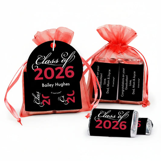 Personalized Graduation Red Class Of Hershey's Miniatures in XS Organza Bags with Gift Tag