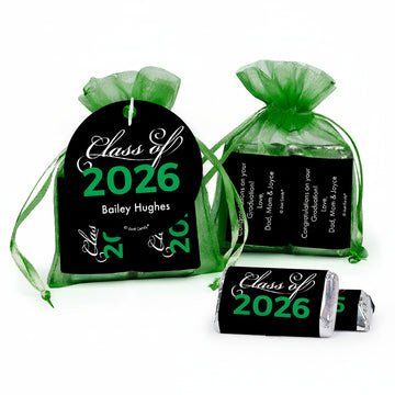 Personalized Graduation Green Class Of Hershey's Miniatures in XS Organza Bags with Gift Tag