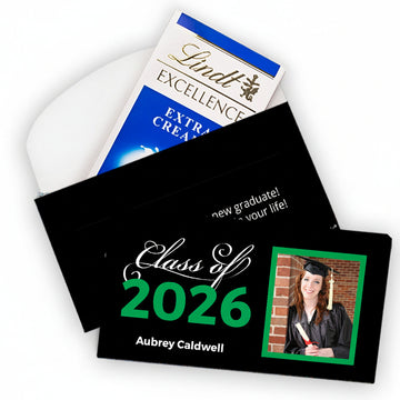 Deluxe Personalized Green Graduation Class Of Lindt Chocolate Bar in Gift Box (3.5oz)