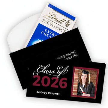 Deluxe Personalized Maroon Graduation Class Of Lindt Chocolate Bar in Gift Box (3.5oz)