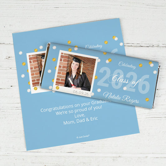 Graduation Personalized Chocolate Bar Wrappers Polaroid Photo Confetti