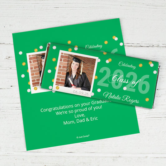 Green Graduation Personalized Chocolate Bar Wrappers Polaroid Photo Confetti