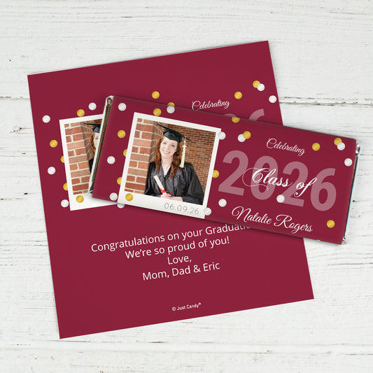 Maroon Graduation Personalized Chocolate Bar Wrappers Polaroid Photo Confetti