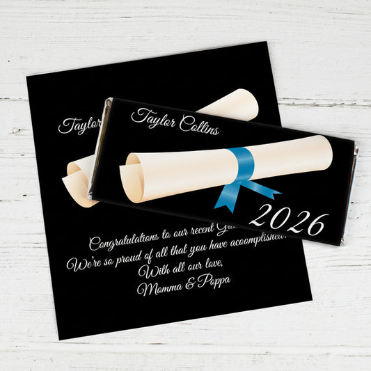 Blue Graduation Personalized Chocolate Bar Wrappers Diploma