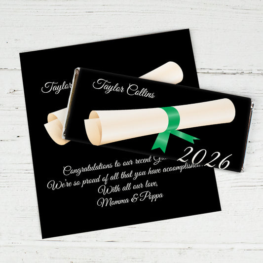 Green Graduation Personalized Chocolate Bar Wrappers Diploma