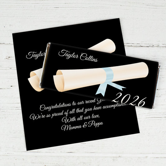 Light Blue Graduation Personalized Chocolate Bar Wrappers Diploma