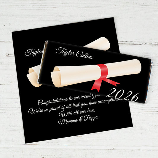 Red Graduation Personalized Chocolate Bar Wrappers Diploma