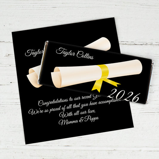 Yellow Graduation Personalized Chocolate Bar Wrappers Diploma