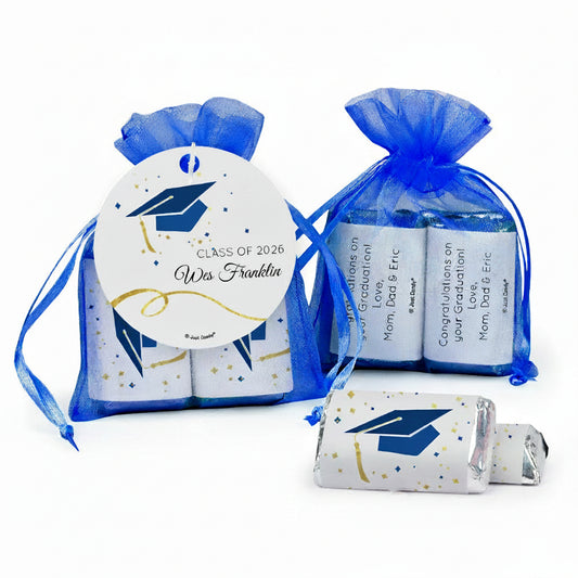 Personalized Blue Graduation Blue Cap & Confetti Hershey's Miniatures in XS Organza Bags with Gift Tag