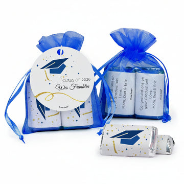 Personalized Graduation Blue Cap & Confetti Hershey's Miniatures in XS Organza Bags with Gift Tag