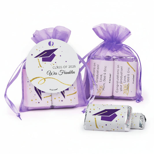 Personalized Graduation Purple Cap & Confetti Hershey's Miniatures in XS Organza Bags with Gift Tag