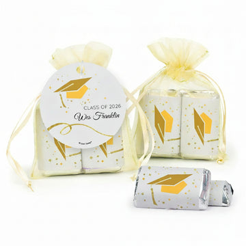 Personalized Graduation Yellow Cap & Confetti Hershey's Miniatures in XS Organza Bags with Gift Tag