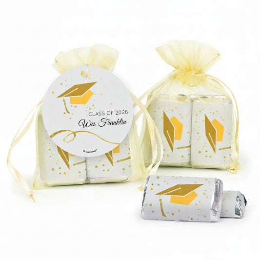 Personalized Graduation Yellow Cap & Confetti Hershey's Miniatures in XS Organza Bags with Gift Tag
