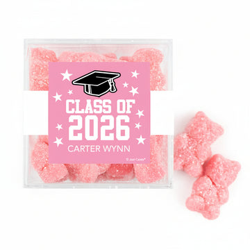 Personalized Pink Graduation JUST CANDY favor cube with Gummy Bears