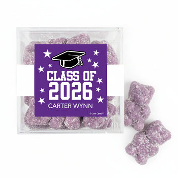 Personalized Purple Graduation JUST CANDY favor cube with Gummy Bears