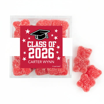 Personalized Red Graduation JUST CANDY favor cube with Gummy Bears