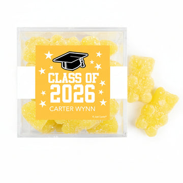 Personalized Yellow Graduation JUST CANDY favor cube with Gummy Bears