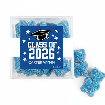 Personalized Blue Graduation JUST CANDY favor cube with Gummy Bears