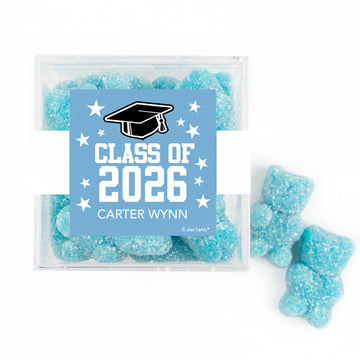 Personalized Light Blue Graduation JUST CANDY favor cube with Gummy Bears