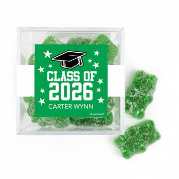 Personalized Green Graduation JUST CANDY favor cube with Gummy Bears
