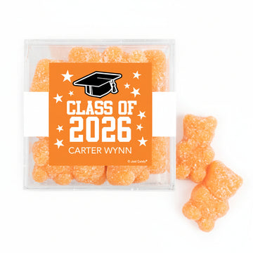 Personalized Orange Graduation JUST CANDY favor cube with Gummy Bears