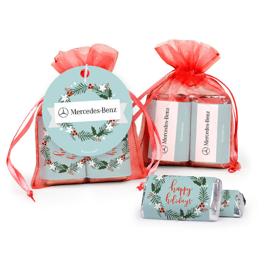Personalized Christmas Decorative Wreath Add Your Logo Hershey's Miniatures in Organza Bags with Gift Tag