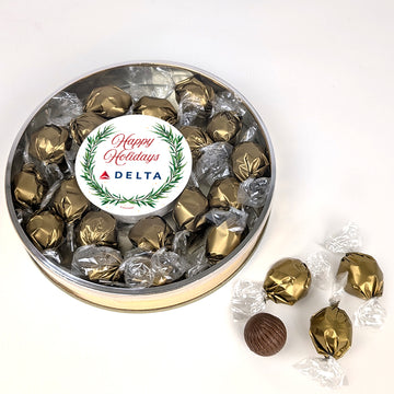 Personalized Happy Holidays Dubai Chocoalate Truffles Gift Tin - Logo Wreath