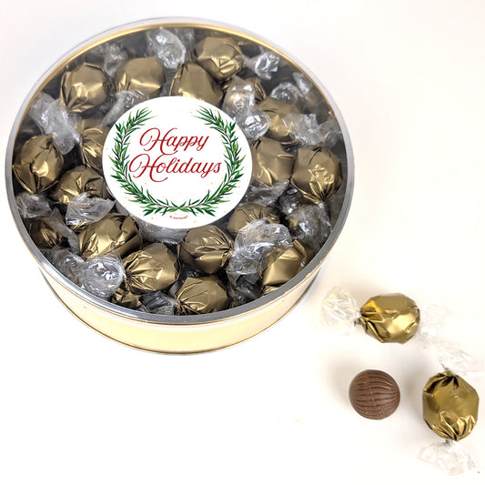 Happy Holidays Dubai Chocolate Truffles Gift Tin - Wreath