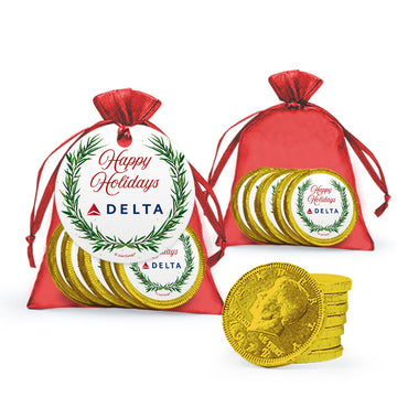 Bonnie Marcus Personalized Happy Holidays Snowflakes Add Your Logo Chocolate Coins in XS Organza Bags with Gift Tag