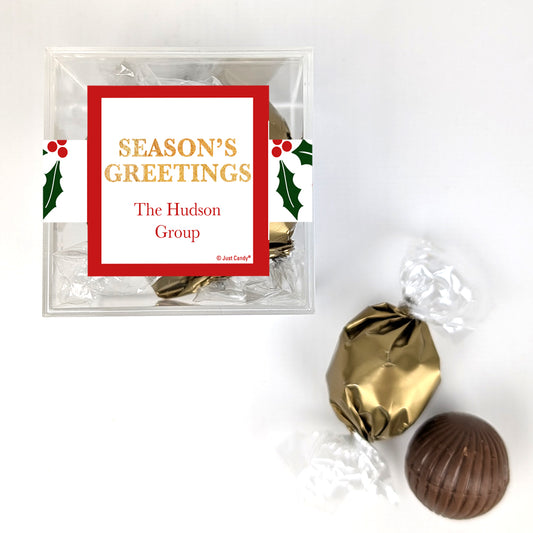 Personalized Christmas JUST CANDY® favor cube with Dubai Truffles - Season's Greetings