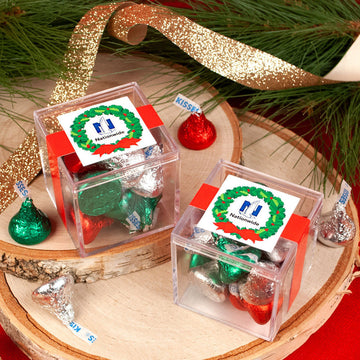 Personalized Christmas Add Your Logo Wreath JUST CANDY favor cube with Hershey's Kisses