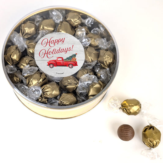 Happy Holidays Dubai Chocolate Truffles Gift Tin - Red Truck