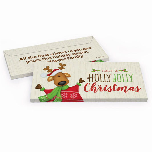 Deluxe Personalized Christmas Holly Jolly Reindeer Candy Bar Favor Box