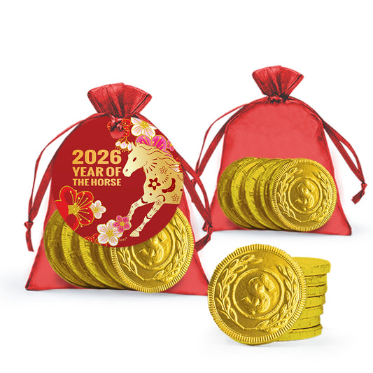 Chinese Lunar New Year Chocolate Coin Candy Bag Favor (12 or 24 Pack)
