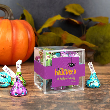 Personalized Halloween Spirit JUST CANDY favor cube with Hershey's Kisses