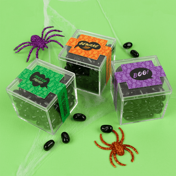 Personalized Halloween Spooky Phrases JUST CANDY favor cube with Jelly Beans