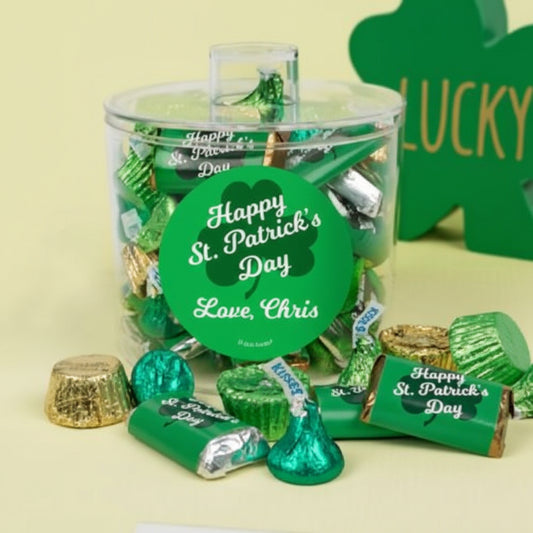 Personalized St. Patrick's Day Clover Container with Hershey's Mix