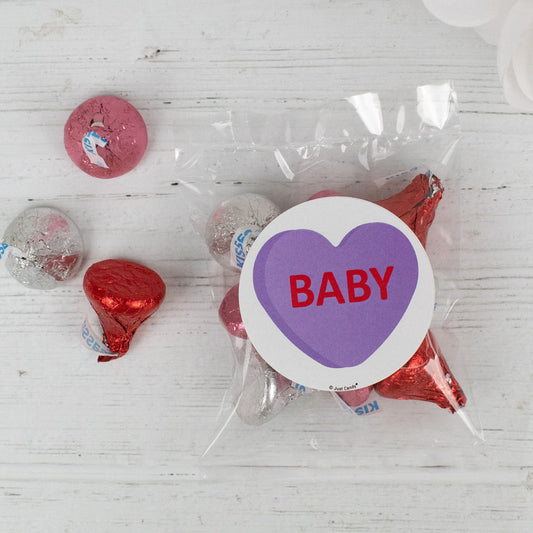 Personalized Valentine's Day Conversation Heart Candy Bags with Hershey's Love MIx Kisses