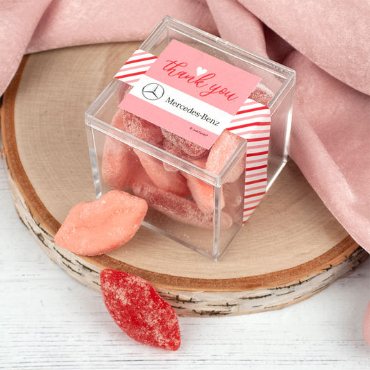Personalized Valentine's Day Stripes of Passion Add Your Logo JUST CANDY® favor cube with Jelly Belly Smoochi Lips