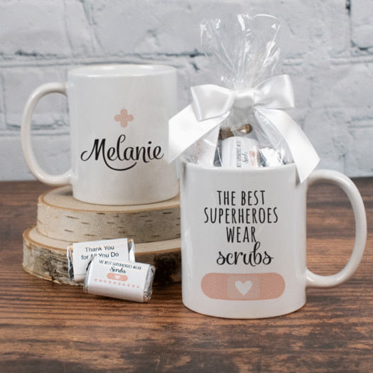 Personalized Nurse Appreciation Superheroes 11oz Mug with approx. 24 Wrapped Hershey's Miniatures