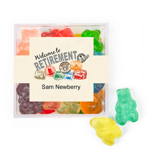 Personalized Retirement Passport JUST CANDY® favor cube with Gummy Bears