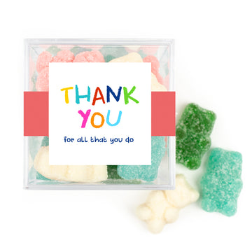 Personalized Colorful Thank You JUST CANDY favor cube with Sugar Sanded Gummy Bears