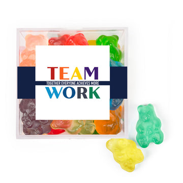 Personalized Teamwork JUST CANDY favor cube with Gummy Bears