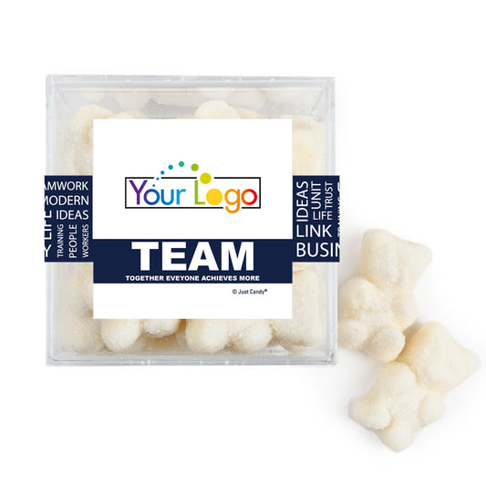 Personalized Add Your Logo Teamwork JUST CANDY® favor cube with Sugar Sanded Gummy Bears