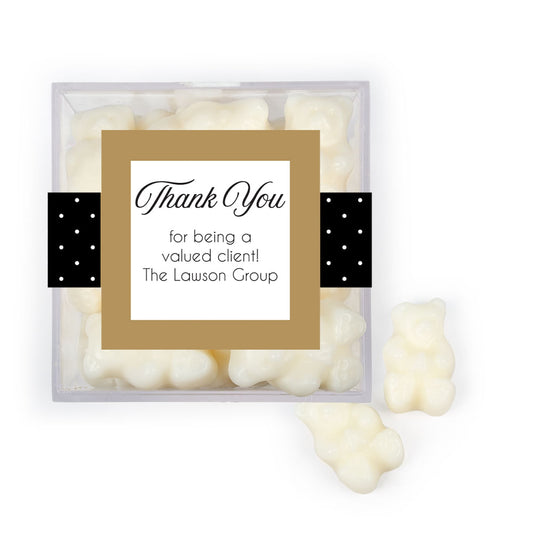 Personalized Dotted Thanks JUST CANDY® favor cube with Gummy Bears