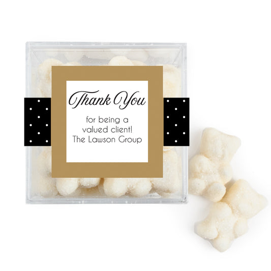 Personalized Dotted Thank You JUST CANDY® favor cube with Sugar Sanded Gummy Bears