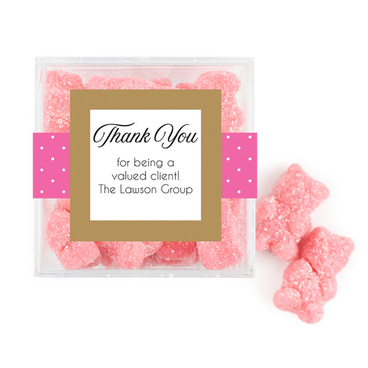 Personalized Dotted Thank You JUST CANDY® favor cube with Sugar Sanded Gummy Bears