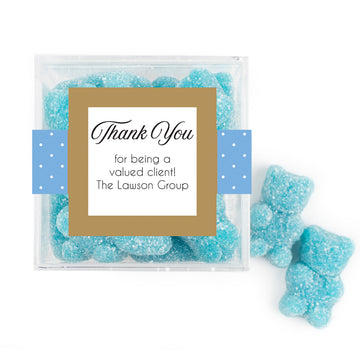 Personalized Dotted Thank You JUST CANDY favor cube with Sugar Sanded Gummy Bears