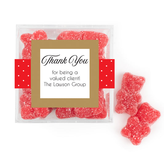 Personalized Dotted Thank You JUST CANDY favor cube with Sugar Sanded Gummy Bears